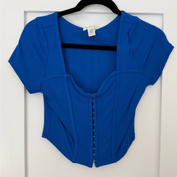 Corset Hook Front Ribbed Crop Top Electric Blue Y2K NWT - Picture 2 of 4
